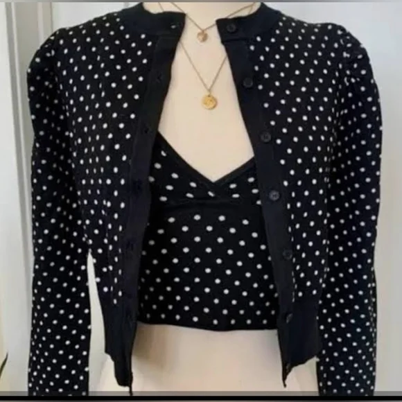 Zara Black Knit Cardigan with White Polka Dots. Size Medium - Picture 1 of 9